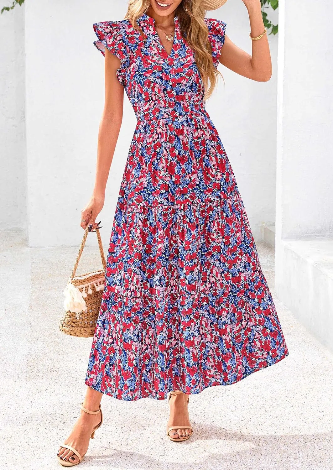 PRETTYGARDEN Women's 2025 Summer Floral Midi Dress Cap Sleeve V Neck Ruffle Long Flowy Boho Casual Beach Vacation Dresses