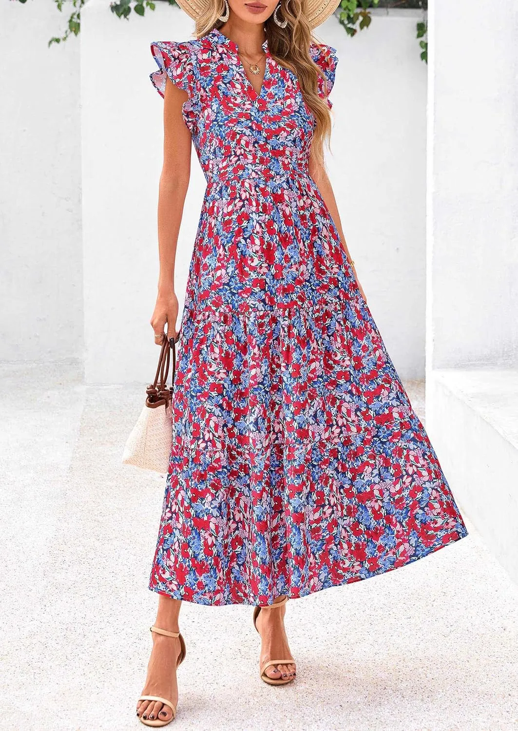 PRETTYGARDEN Women's 2025 Summer Floral Midi Dress Cap Sleeve V Neck Ruffle Long Flowy Boho Casual Beach Vacation Dresses