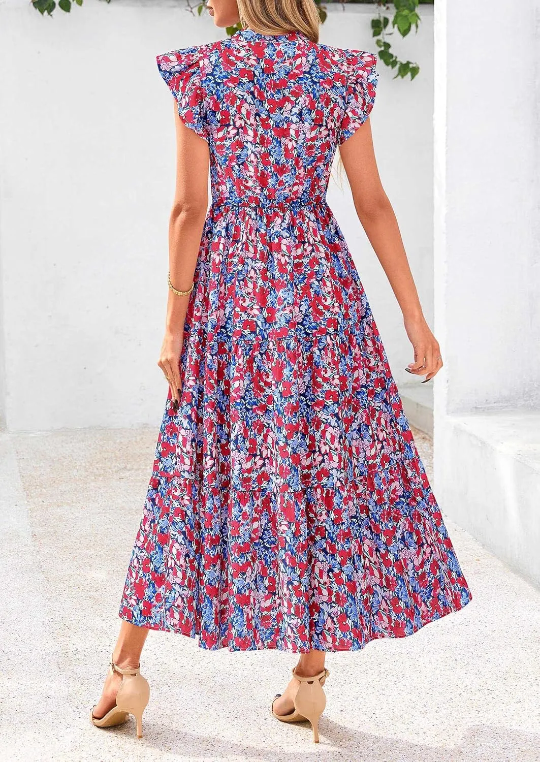 PRETTYGARDEN Women's 2025 Summer Floral Midi Dress Cap Sleeve V Neck Ruffle Long Flowy Boho Casual Beach Vacation Dresses