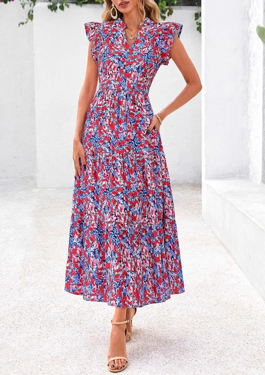 PRETTYGARDEN Women's 2025 Summer Floral Midi Dress Cap Sleeve V Neck Ruffle Long Flowy Boho Casual Beach Vacation Dresses