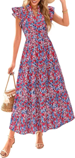 PRETTYGARDEN Women's 2025 Summer Floral Midi Dress Cap Sleeve V Neck Ruffle Long Flowy Boho Casual Beach Vacation Dresses