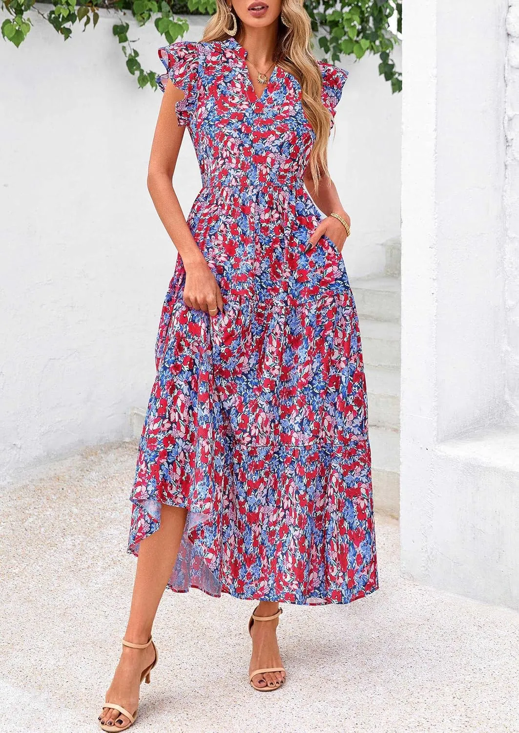 PRETTYGARDEN Women's 2025 Summer Floral Midi Dress Cap Sleeve V Neck Ruffle Long Flowy Boho Casual Beach Vacation Dresses