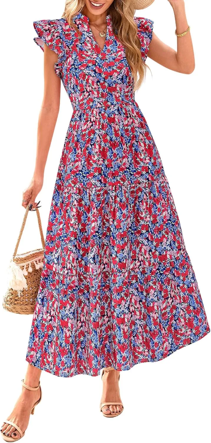 PRETTYGARDEN Women's 2025 Summer Floral Midi Dress Cap Sleeve V Neck Ruffle Long Flowy Boho Casual Beach Vacation Dresses