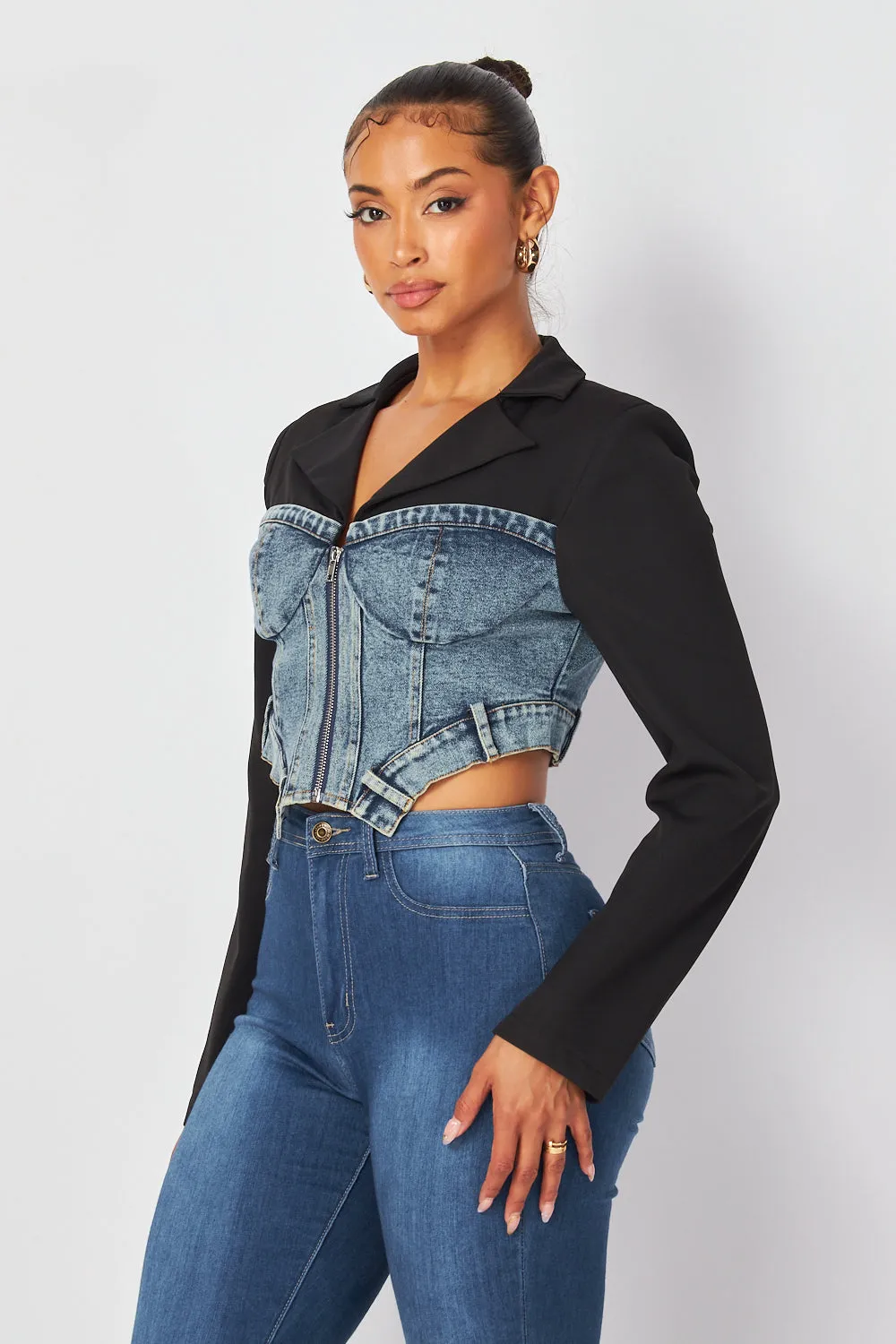 Samantha Denim Contrast Crop Bustier Blazer Jacket