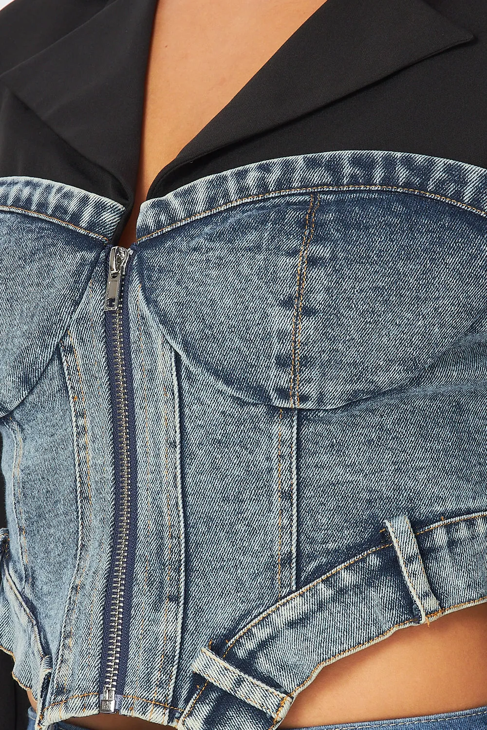 Samantha Denim Contrast Crop Bustier Blazer Jacket