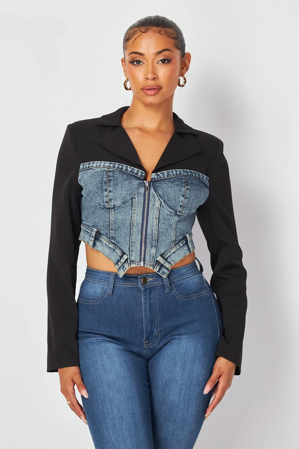 Samantha Denim Contrast Crop Bustier Blazer Jacket