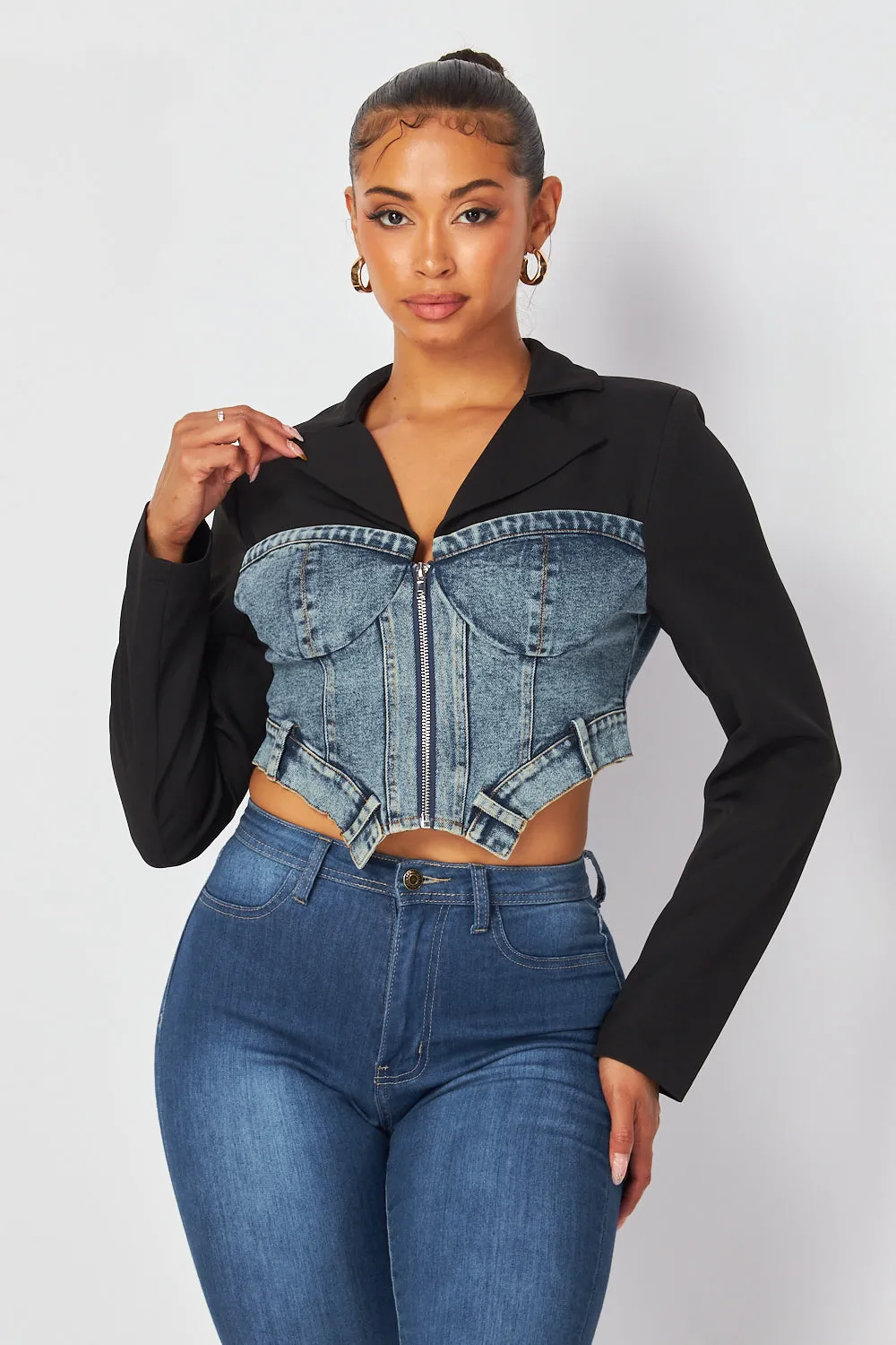Samantha Denim Contrast Crop Bustier Blazer Jacket
