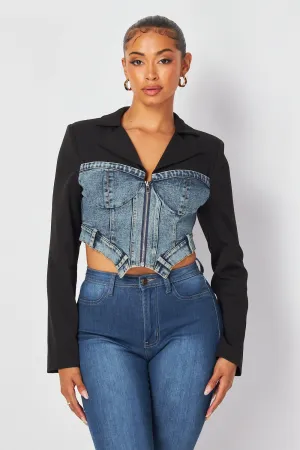 Samantha Denim Contrast Crop Bustier Blazer Jacket