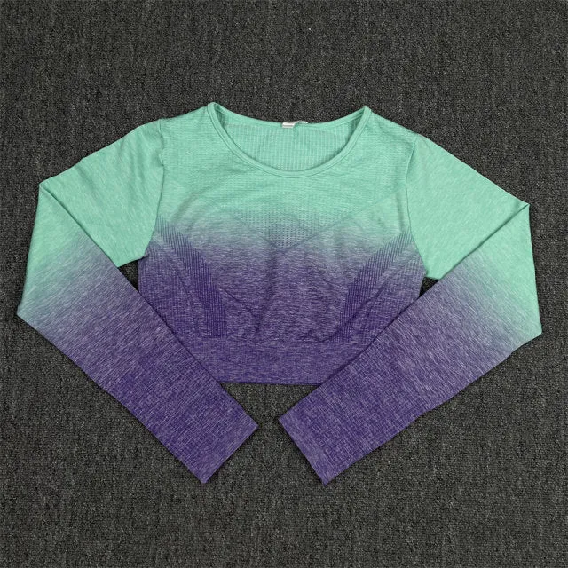 Seamless Green and Purple Ombre Padded Sports Bra and Leggings Gym Set