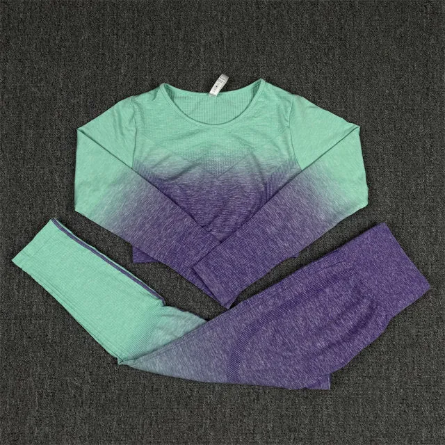 Seamless Green and Purple Ombre Padded Sports Bra and Leggings Gym Set