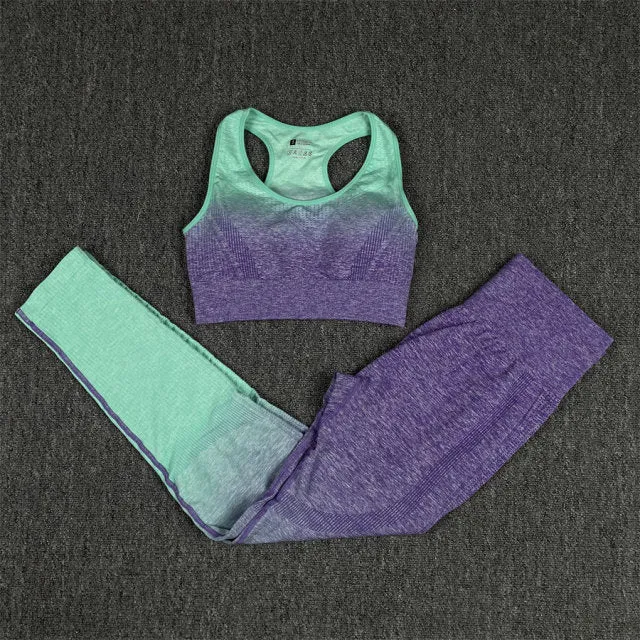 Seamless Green and Purple Ombre Padded Sports Bra and Leggings Gym Set