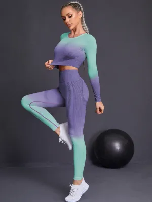 Seamless Green and Purple Ombre Padded Sports Bra and Leggings Gym Set
