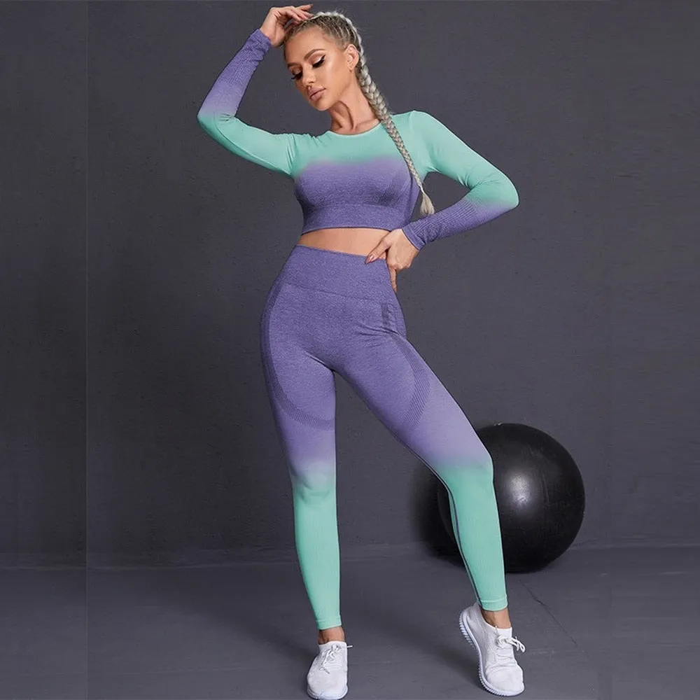 Seamless Green and Purple Ombre Padded Sports Bra and Leggings Gym Set