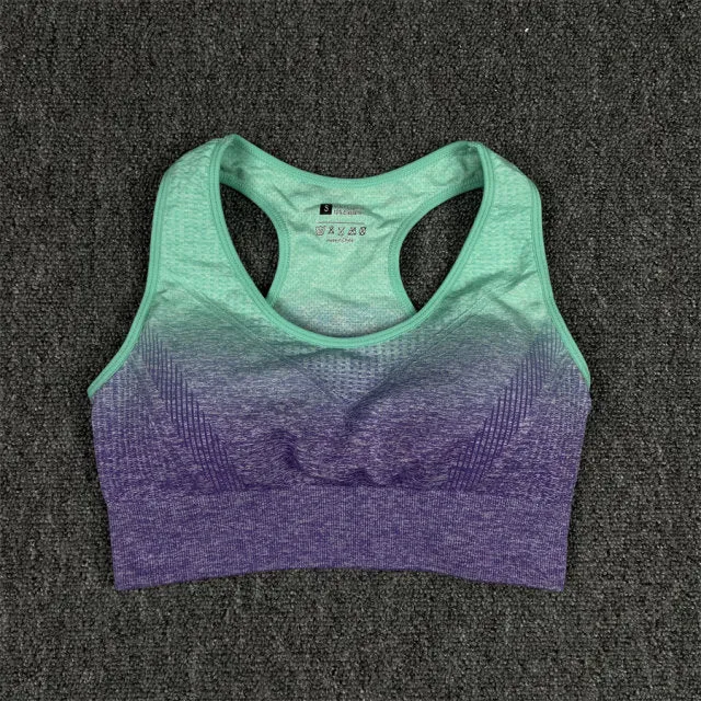 Seamless Green and Purple Ombre Padded Sports Bra and Leggings Gym Set