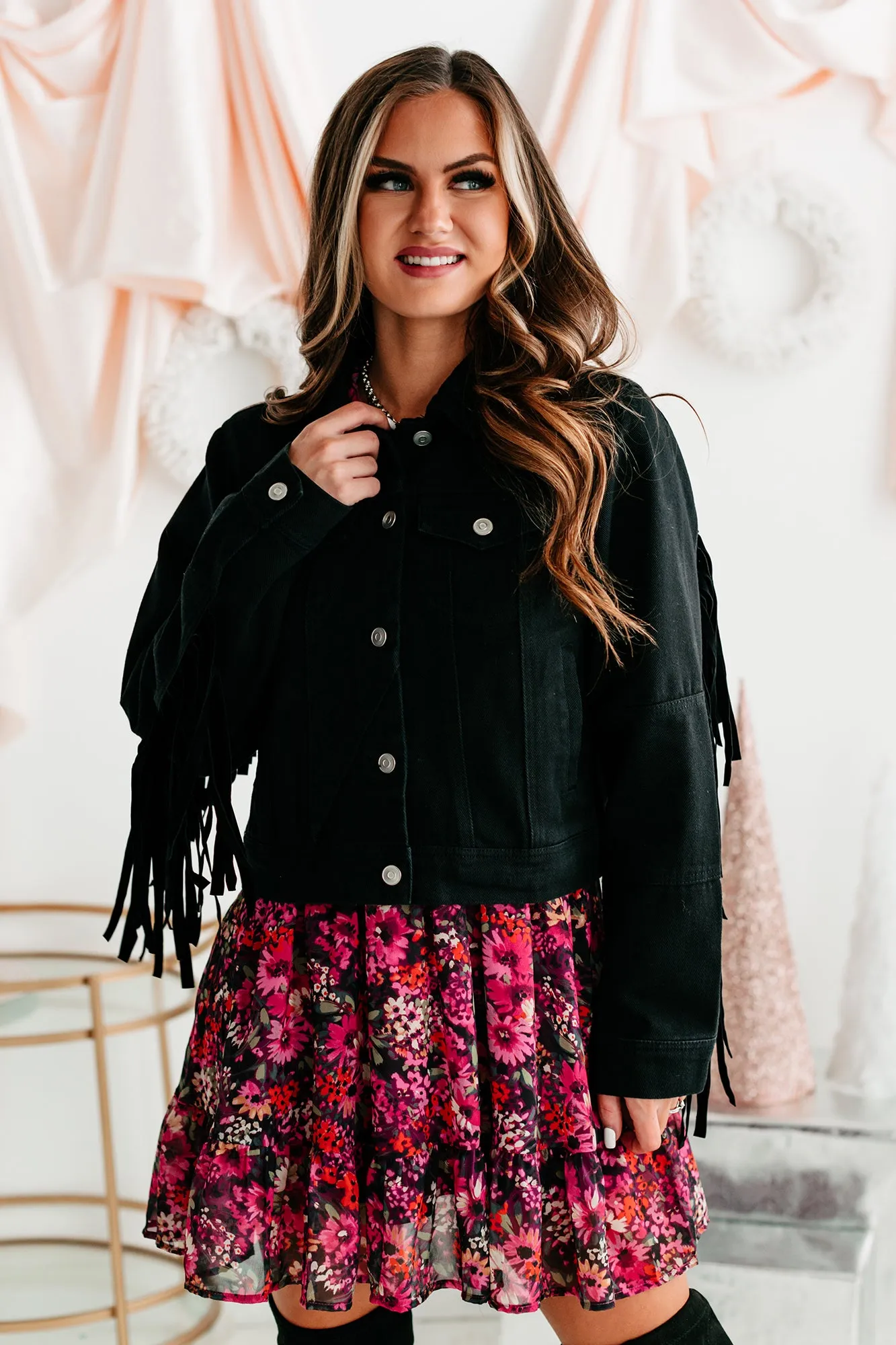 Shake It Fringe Detail Denim Jacket (Black)