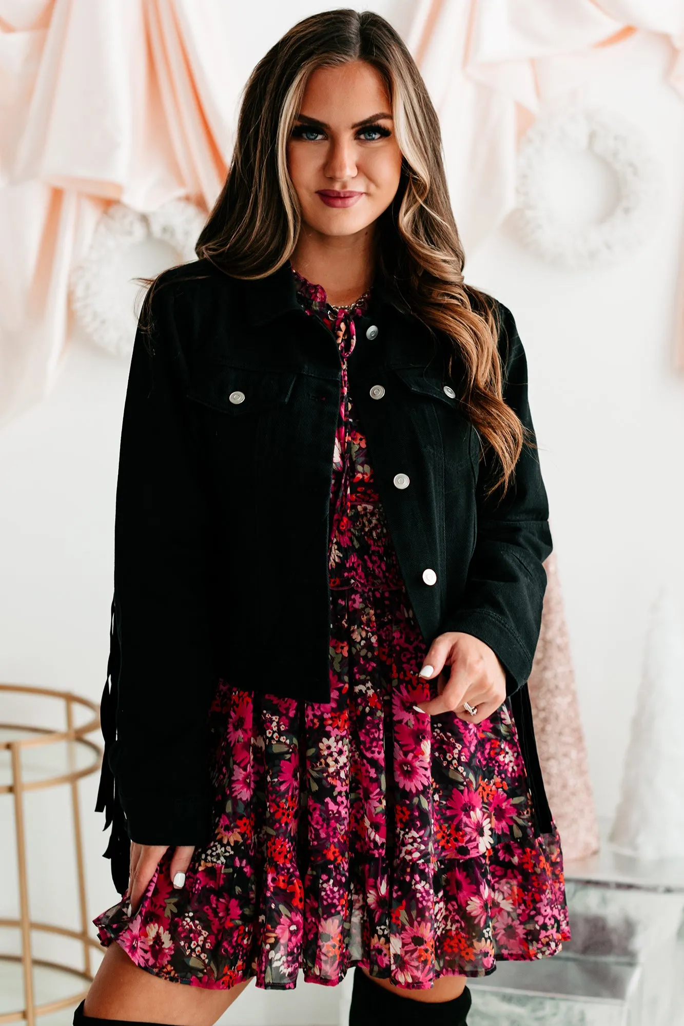 Shake It Fringe Detail Denim Jacket (Black)