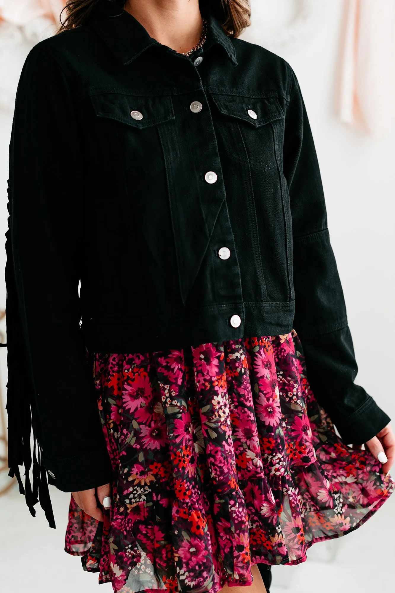 Shake It Fringe Detail Denim Jacket (Black)