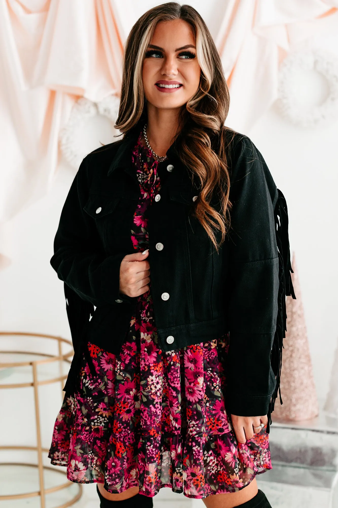 Shake It Fringe Detail Denim Jacket (Black)