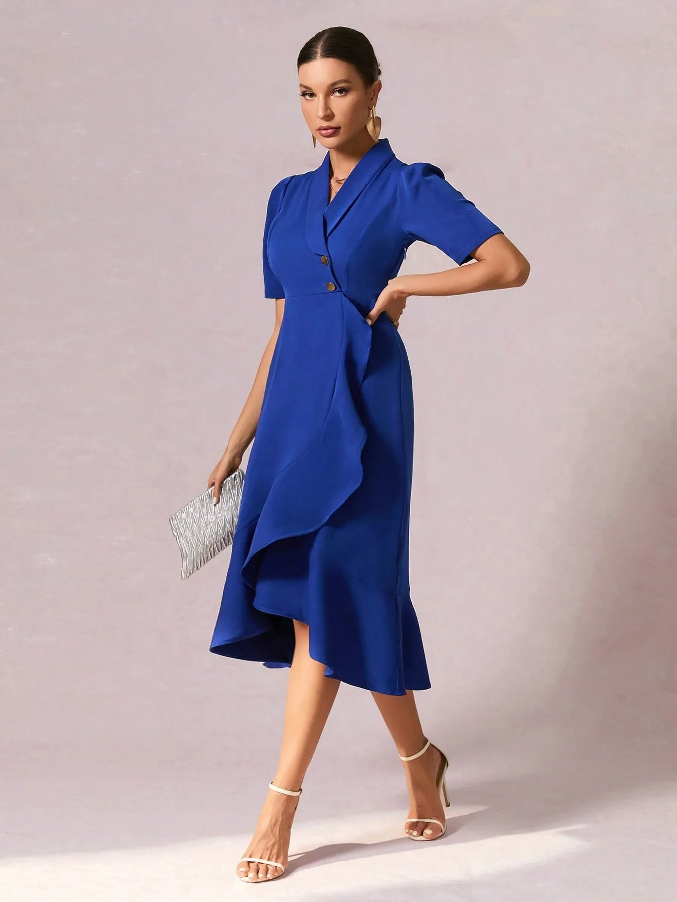 Shawl Collar Button Front Ruffle Hem Dress