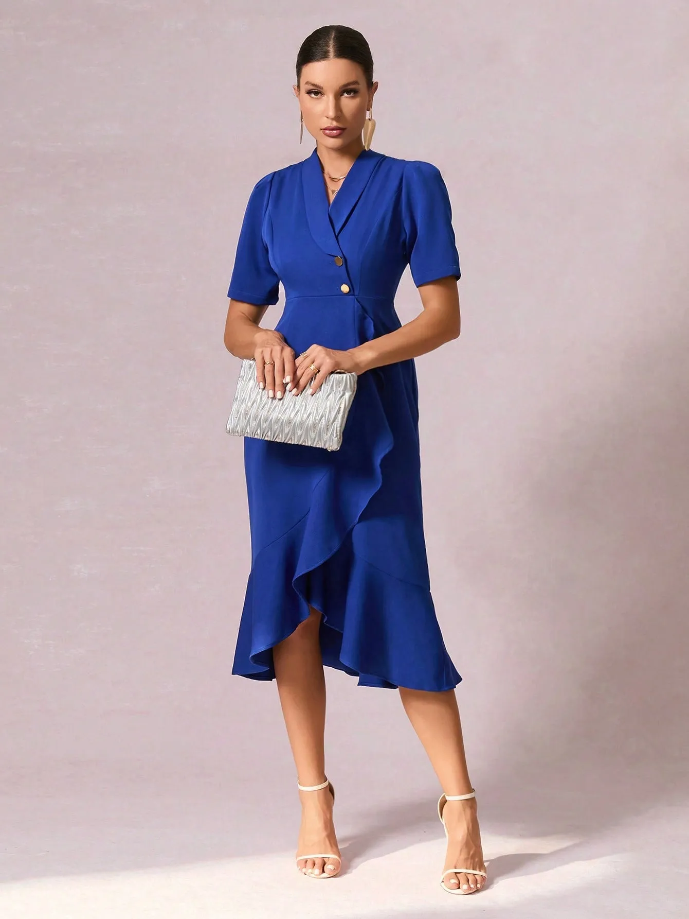 Shawl Collar Button Front Ruffle Hem Dress