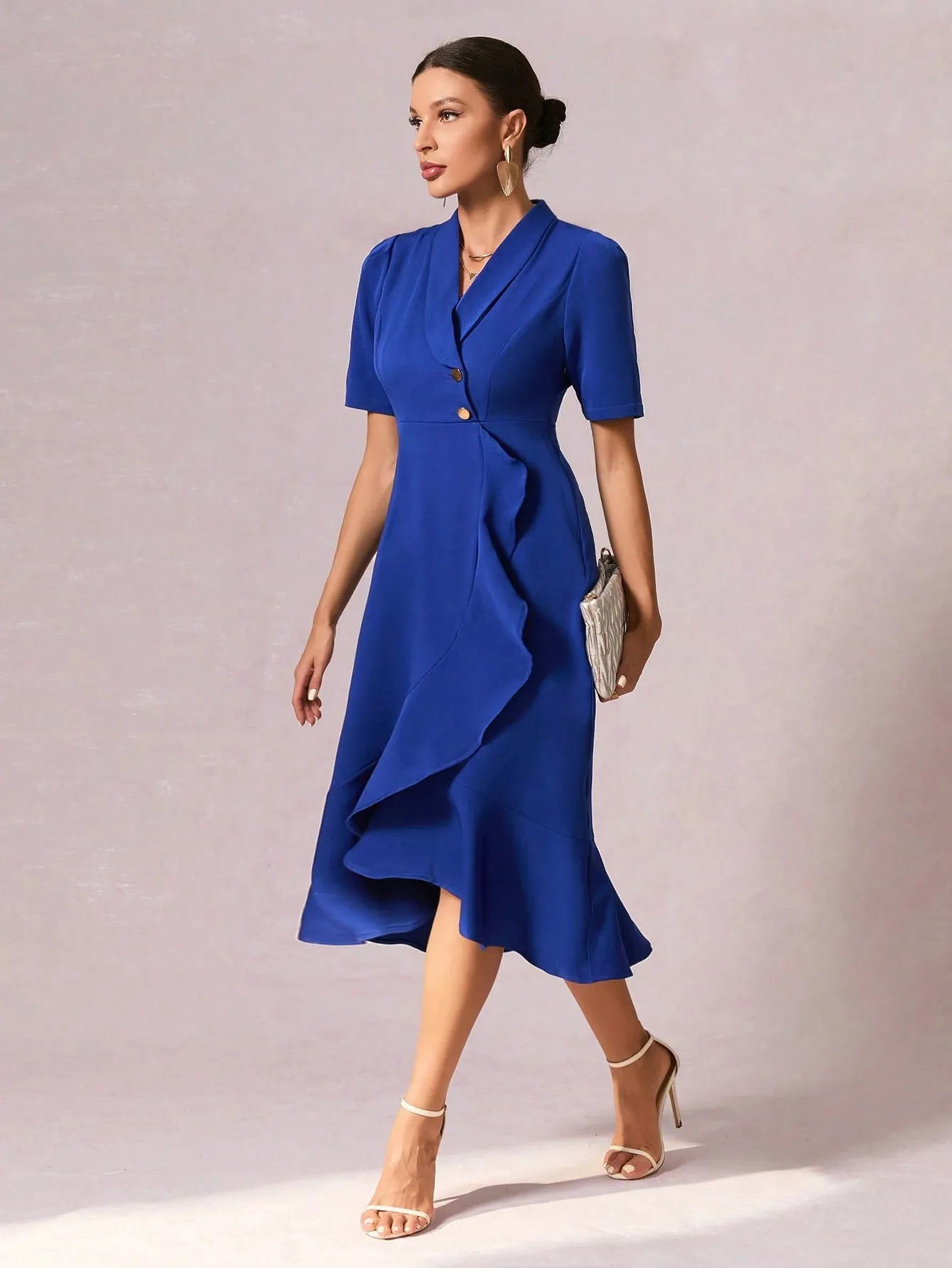 Shawl Collar Button Front Ruffle Hem Dress