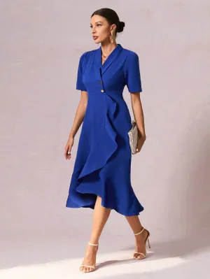 Shawl Collar Button Front Ruffle Hem Dress
