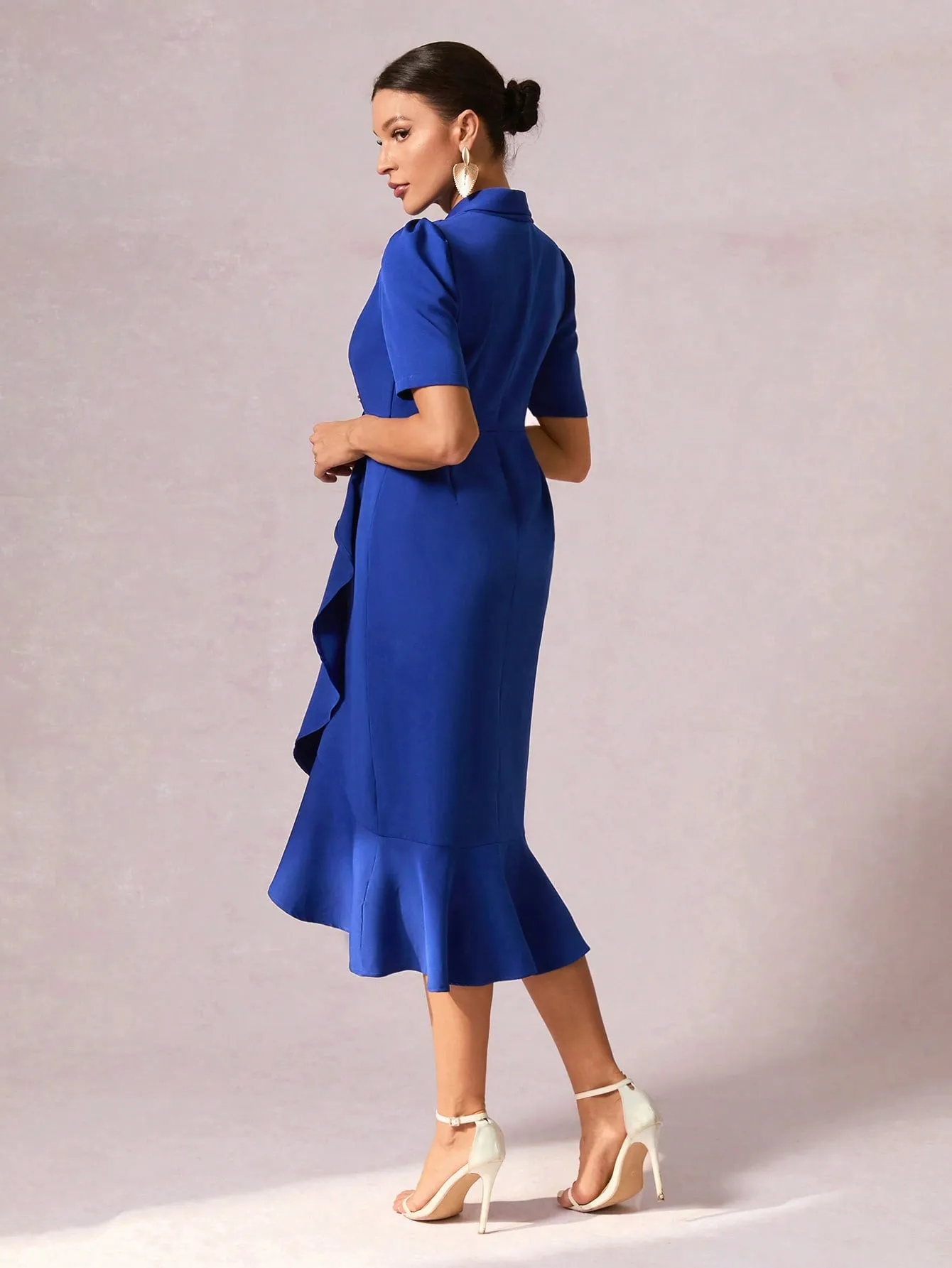 Shawl Collar Button Front Ruffle Hem Dress