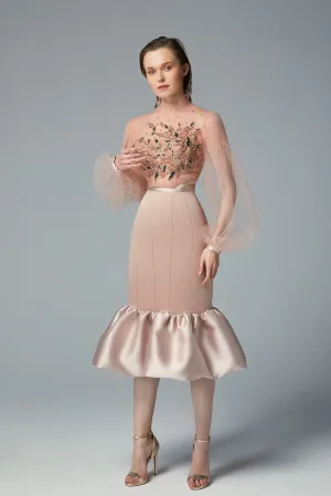 Sheer Tulle Top with Mikado Midi Skirt