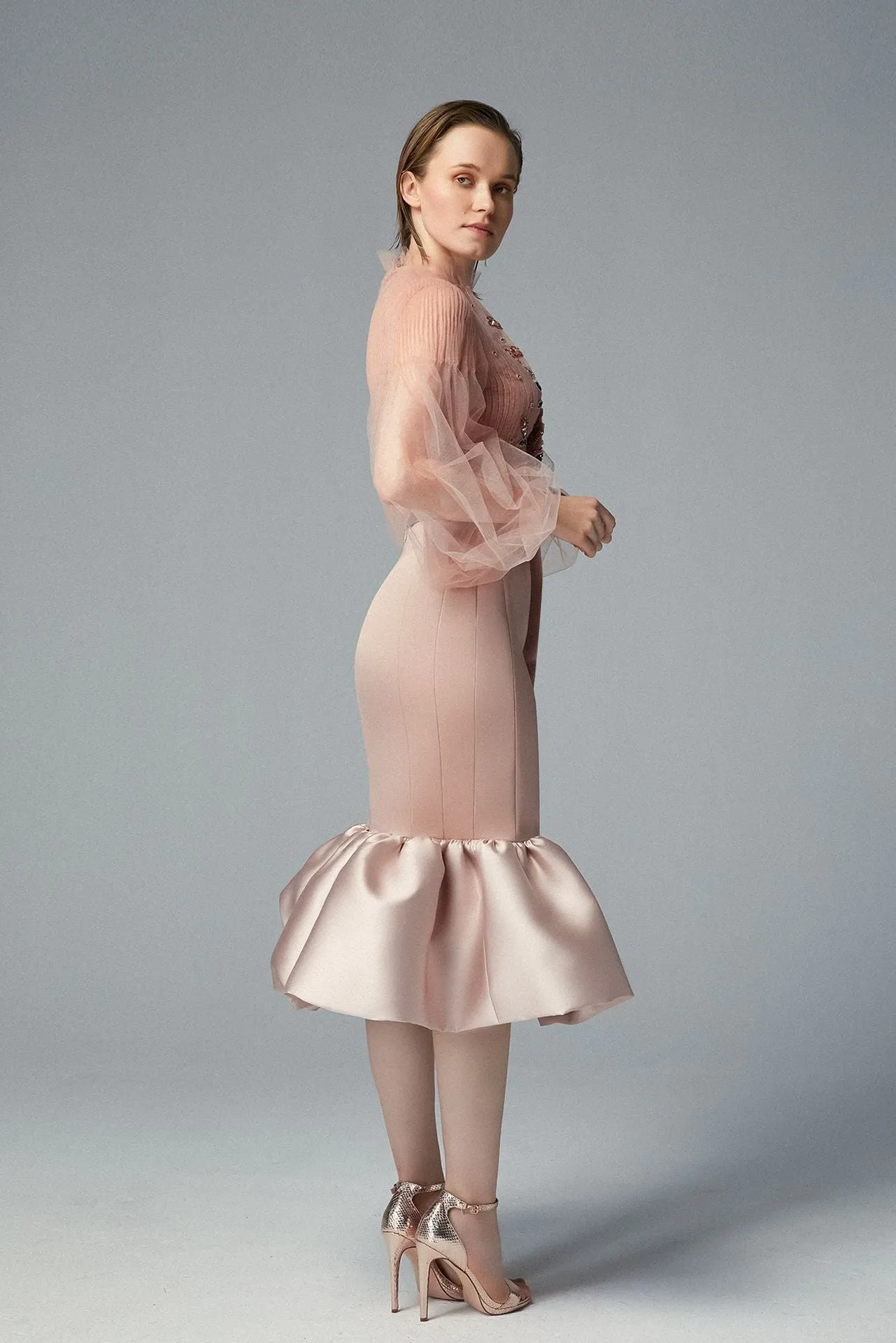 Sheer Tulle Top with Mikado Midi Skirt