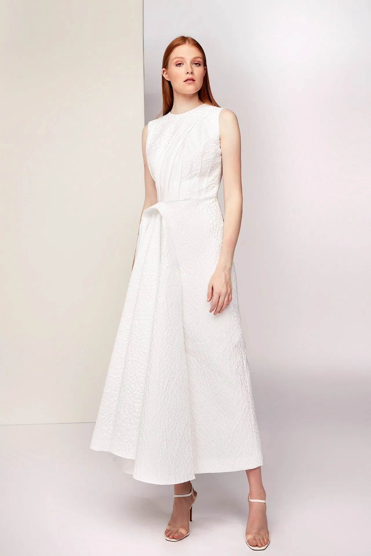Sleeveless A-line Midi Dress with Draping