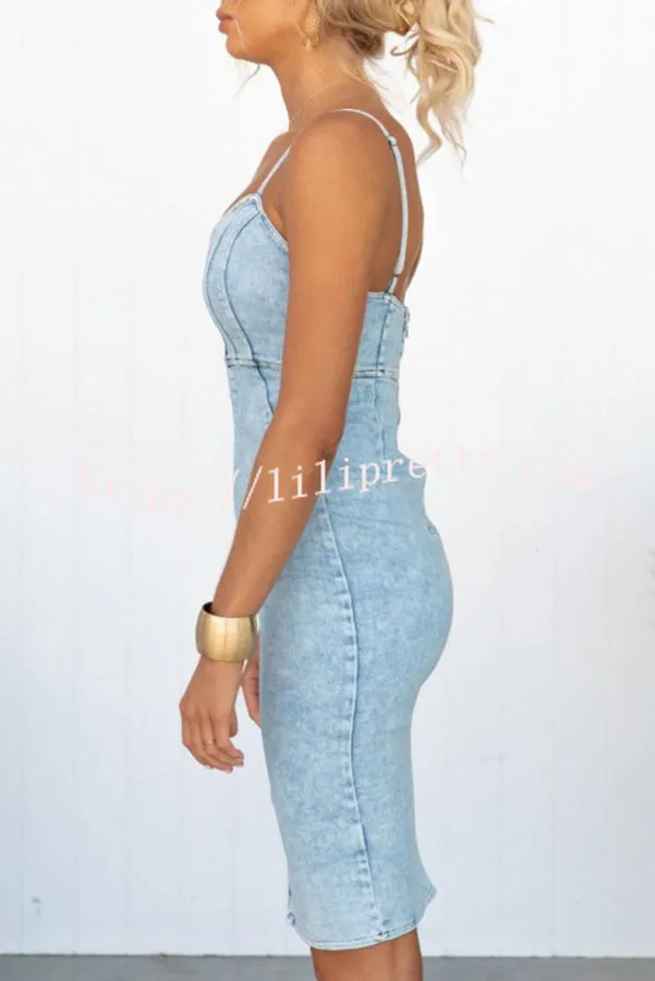 Sleeveless Low Front Slit Mid Rise Zip Back Denim Mini Dress