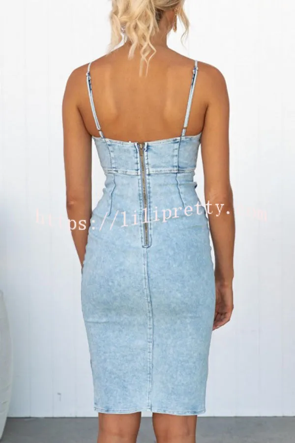 Sleeveless Low Front Slit Mid Rise Zip Back Denim Mini Dress
