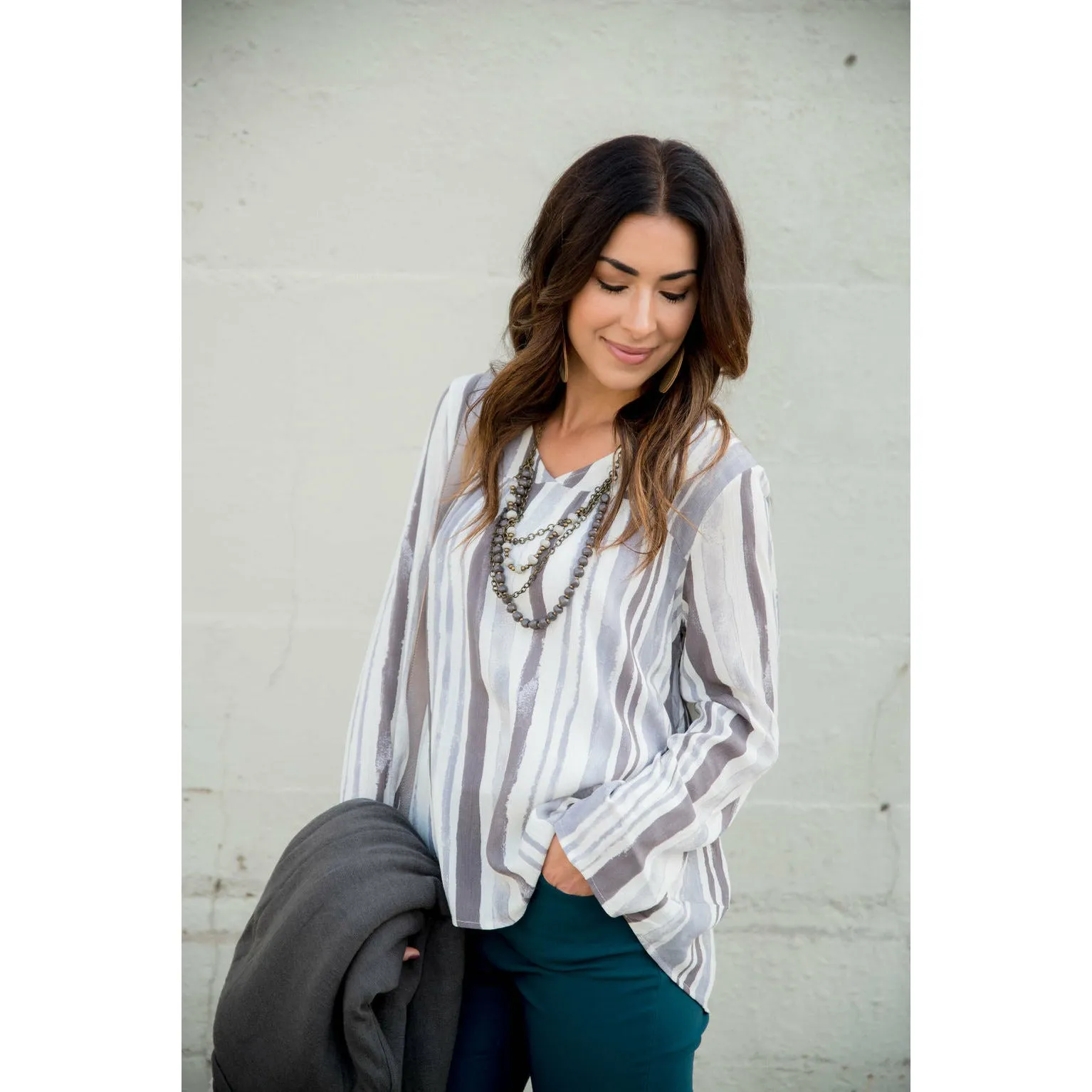 Striped Brush Stroke V Neck Blouse - Grey