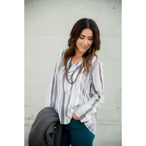 Striped Brush Stroke V Neck Blouse - Grey