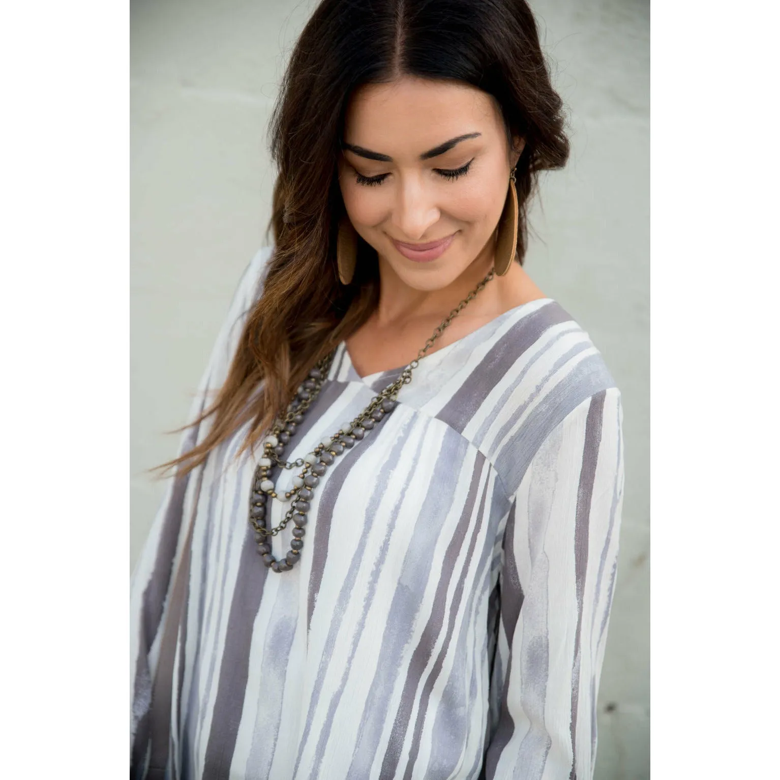 Striped Brush Stroke V Neck Blouse - Grey