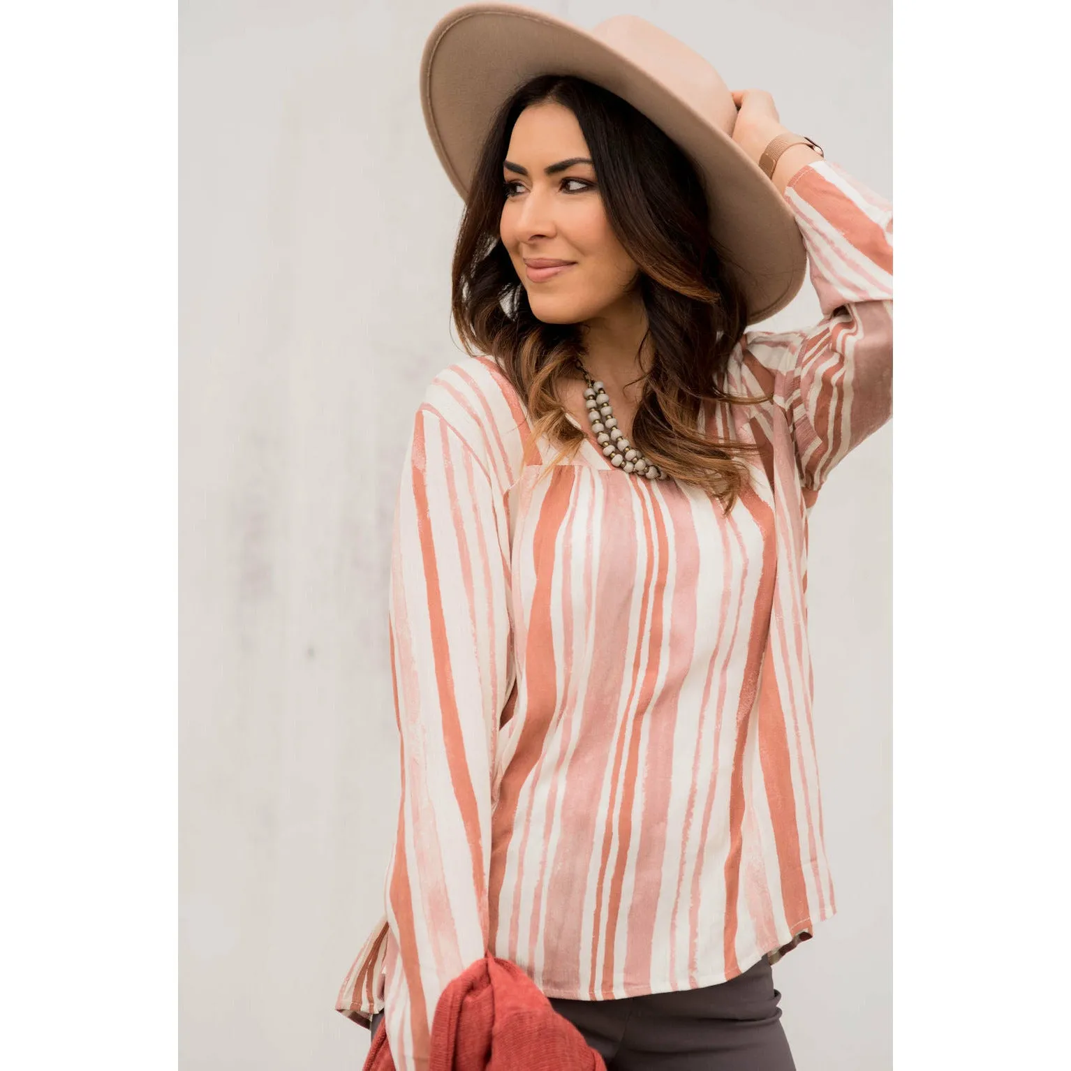 Striped Brush Stroke V Neck Blouse - Salmon