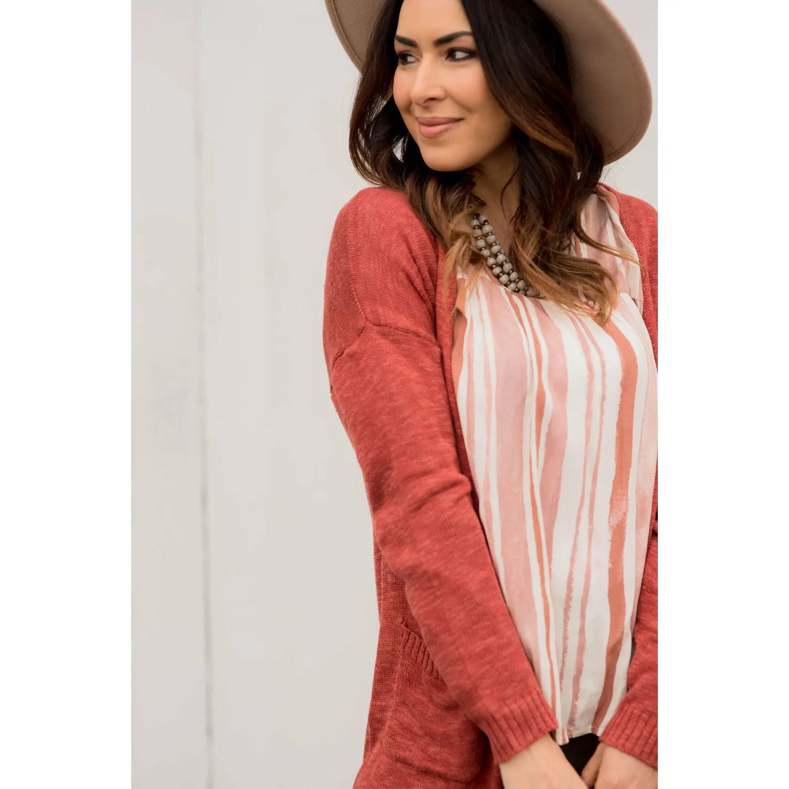 Striped Brush Stroke V Neck Blouse - Salmon
