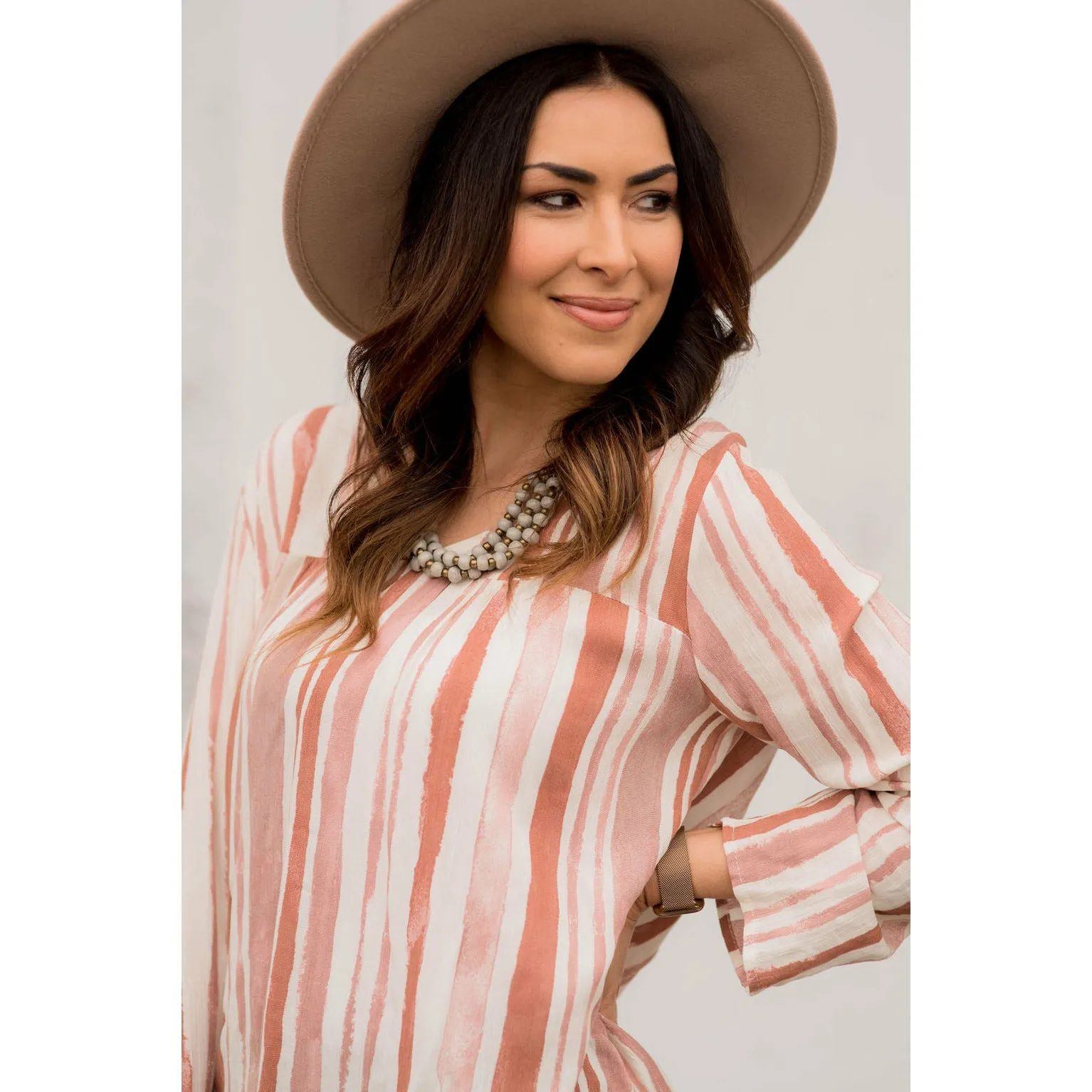 Striped Brush Stroke V Neck Blouse - Salmon