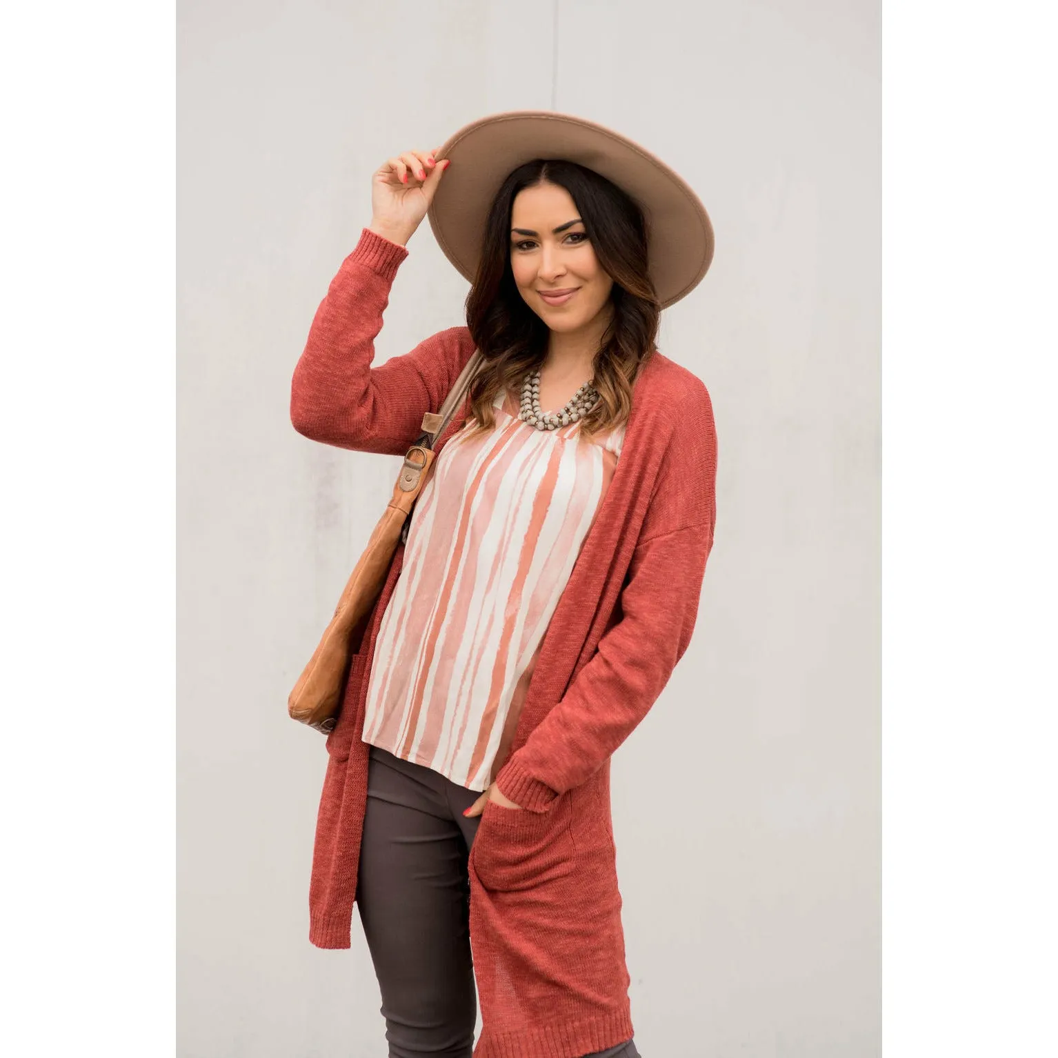 Striped Brush Stroke V Neck Blouse - Salmon