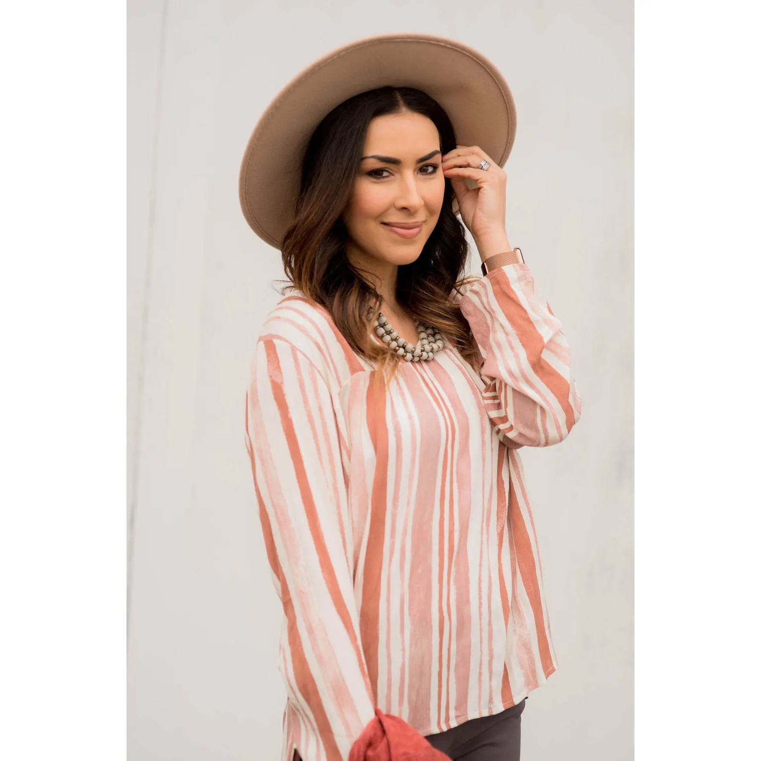 Striped Brush Stroke V Neck Blouse - Salmon