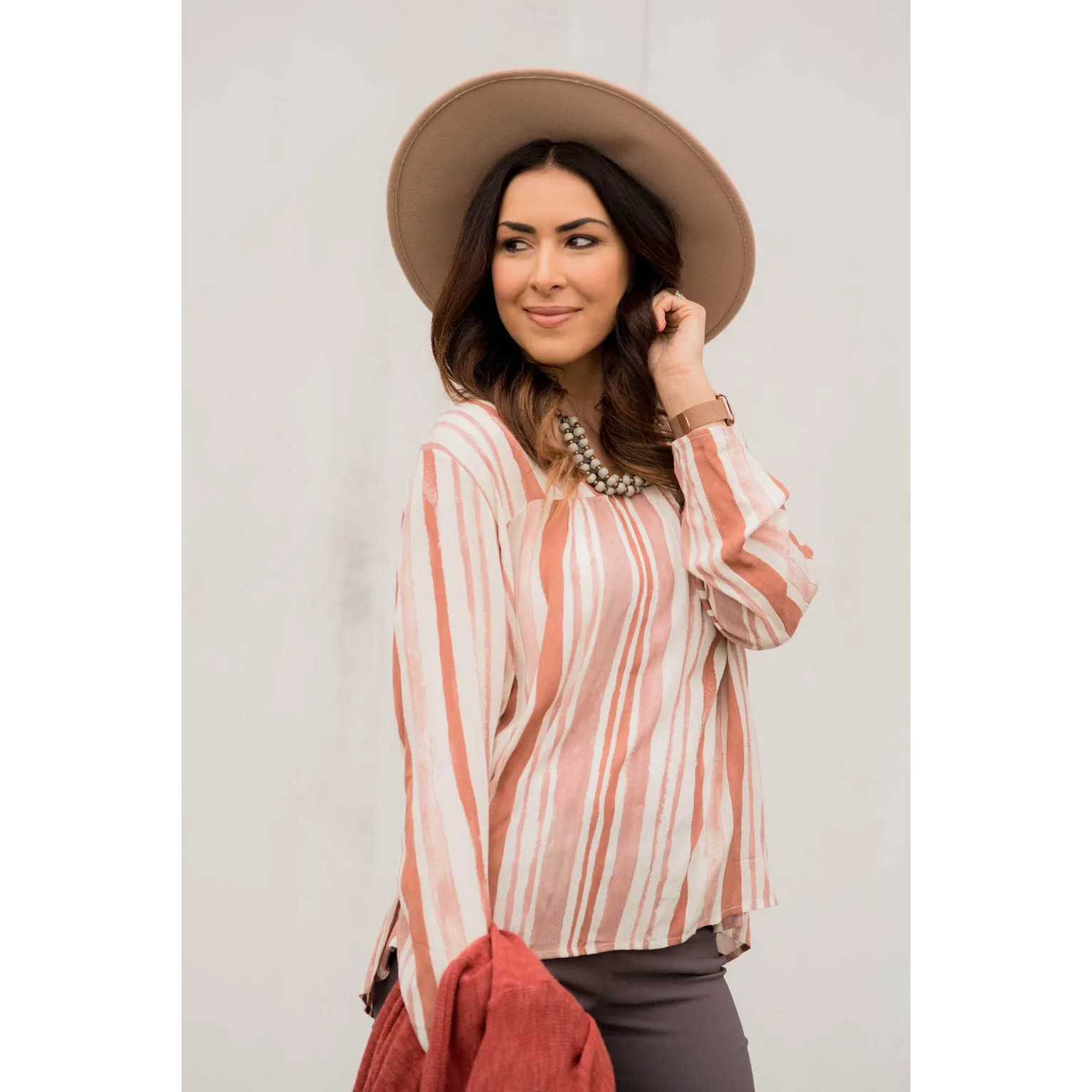 Striped Brush Stroke V Neck Blouse - Salmon