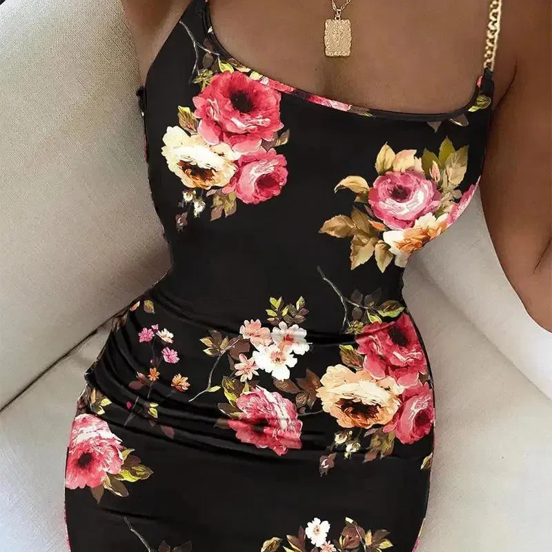 Summer New Women Floral Print Dress Chain Decor Bodycon Dress