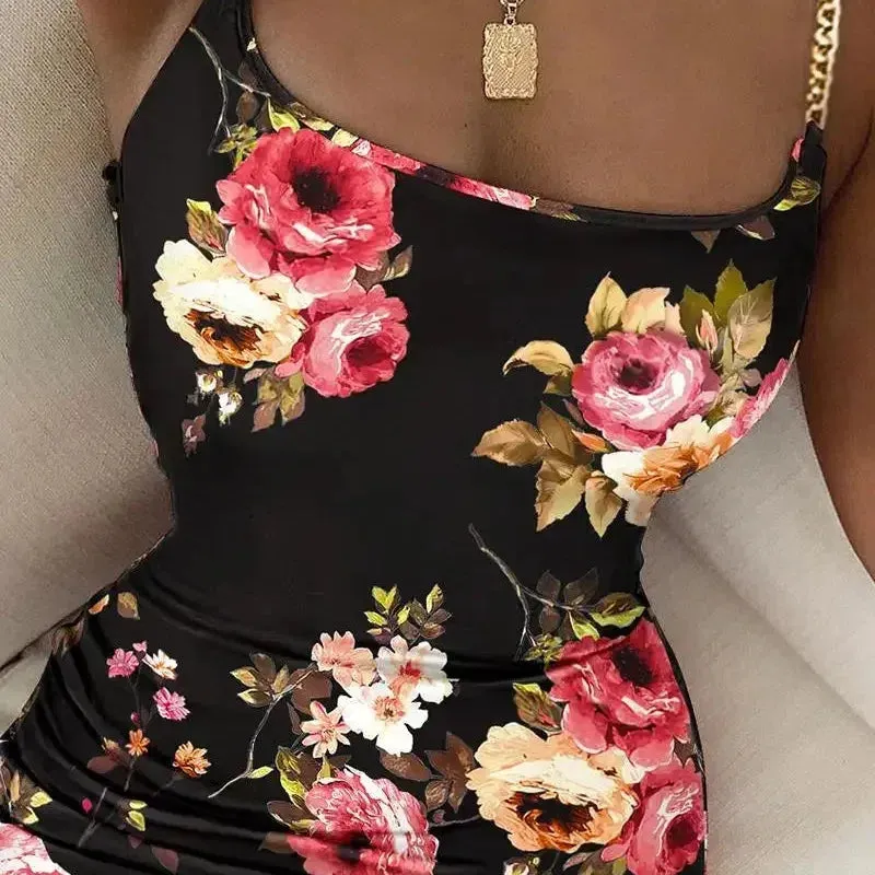 Summer New Women Floral Print Dress Chain Decor Bodycon Dress