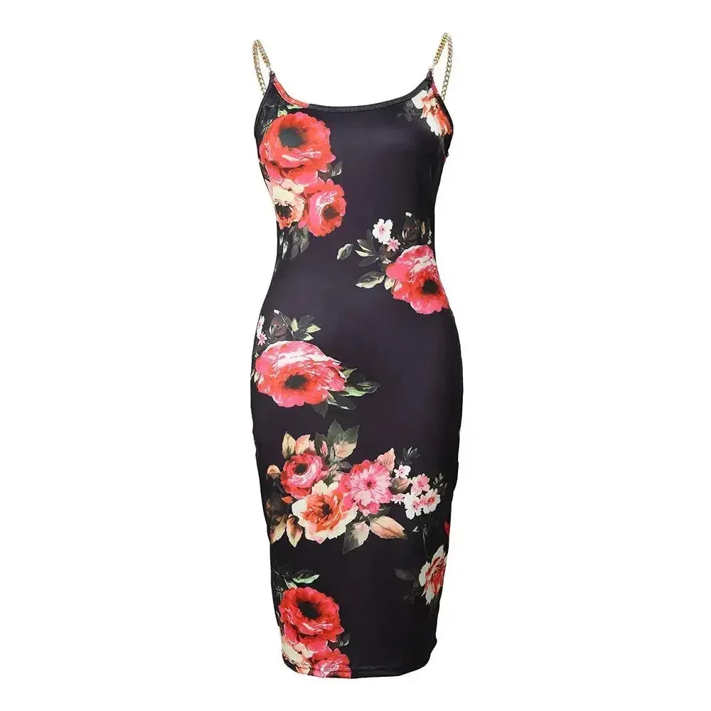 Summer New Women Floral Print Dress Chain Decor Bodycon Dress