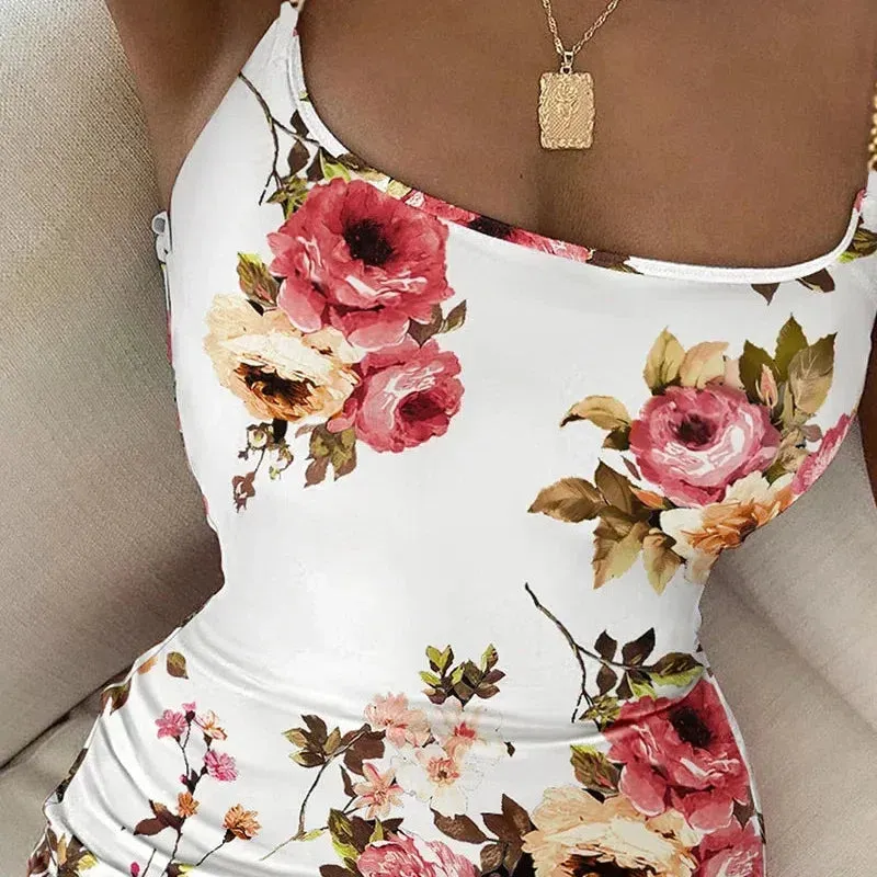 Summer New Women Floral Print Dress Chain Decor Bodycon Dress