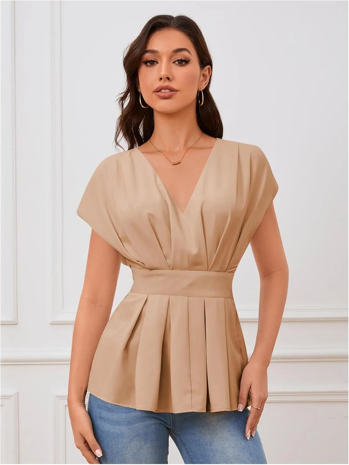 SweatyRocks Women's Batwing Sleeve V Neck Fold Pleated Ruffle Hem Blouse Peplum Top