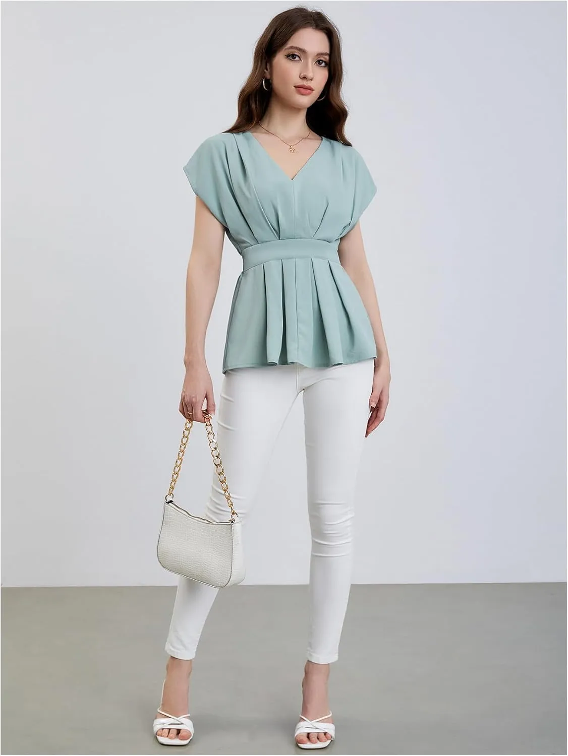 SweatyRocks Women's Batwing Sleeve V Neck Fold Pleated Ruffle Hem Blouse Peplum Top