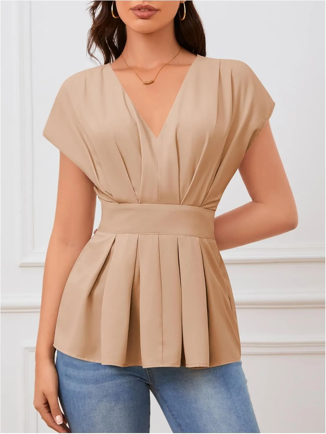 SweatyRocks Women's Batwing Sleeve V Neck Fold Pleated Ruffle Hem Blouse Peplum Top