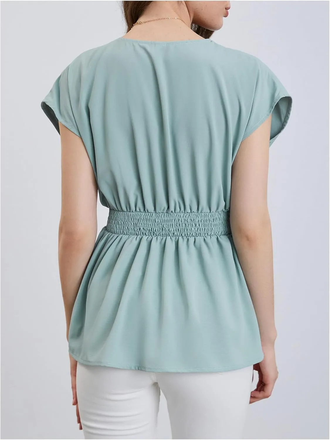 SweatyRocks Women's Batwing Sleeve V Neck Fold Pleated Ruffle Hem Blouse Peplum Top