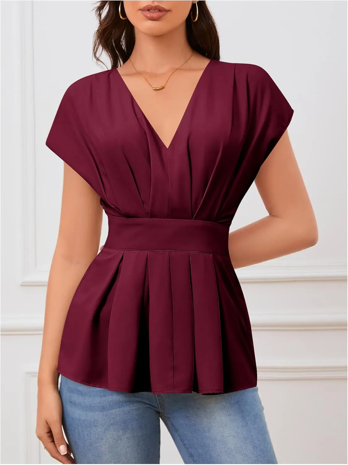 SweatyRocks Women's Batwing Sleeve V Neck Fold Pleated Ruffle Hem Blouse Peplum Top